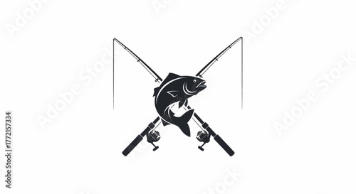 Central bold fish silhouette with two crossed fishing rods behind, visible reels and handles boldly