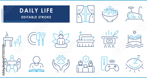 Daily Life related 15 icons set. Morning, breakfast, work, exercise, cleaning, family, reading, and so on. Vector editable stroke.