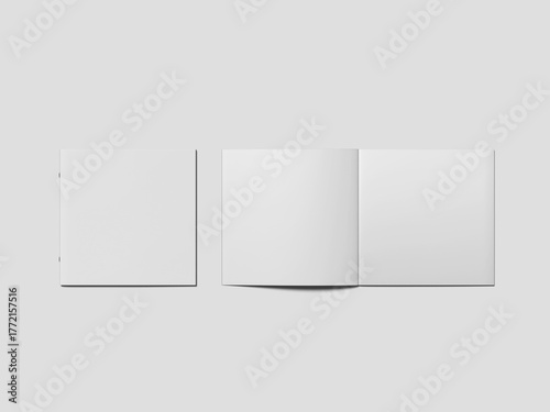 Blank White Square Magazine Mockup 3D Render Showing One Closed Notebook and One Open Notebook Spread Lined Up Horizontally on a White Background