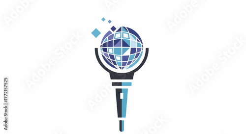 Geometric globe mosaic nestled in a modern lightbulb silhouette with blue tiles and floating diamond