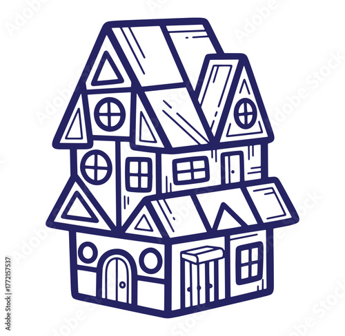 Hand drawn illustration of a whimsical multi story house with windows and door elements