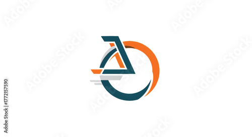 Geometric teal triangle entwines with orange arc forming a circular motion around a grey core. Bold