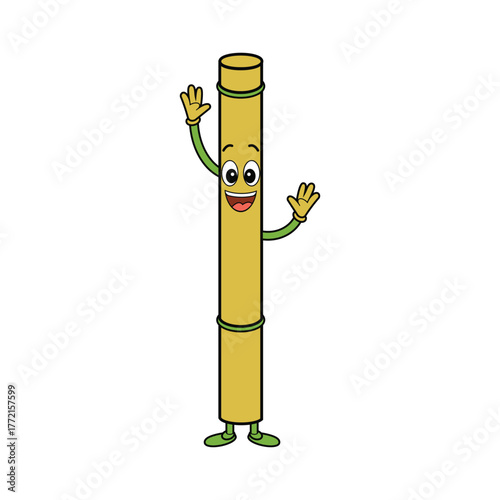 Bamboo Flute Mascot Waving Hand with Cheerful Happy Face Cartoon Vector