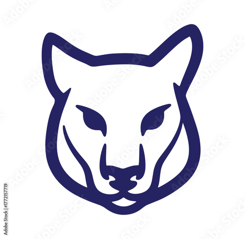 Minimalist stylized illustration of a cougar head in a simple dark blue outline on white background
