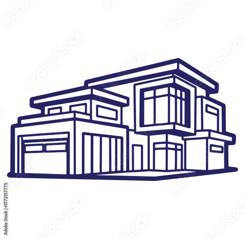 Modern architectural line drawing of a contemporary residential house with garage and large windows