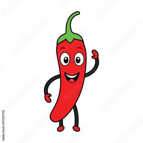 Chili Mascot Waving Hand with Cheerful Happy Face Flat Vector Art