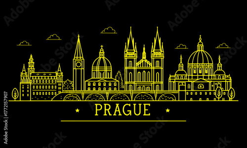 Prague Skyline Sketch with Charles Bridge, Prague Castle and Old Town Landmarks | Hand Drawn Cityscape Illustration for Travel Poster, Wall Art and Tourism Promotion