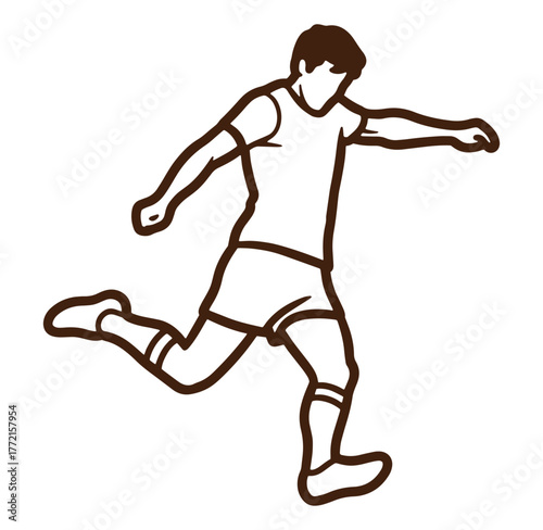 Silhouette of a soccer player kicking the ball action isolated on white background