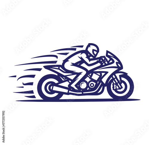 Silhouette of a sport motorcycle rider racing at high speed across white background