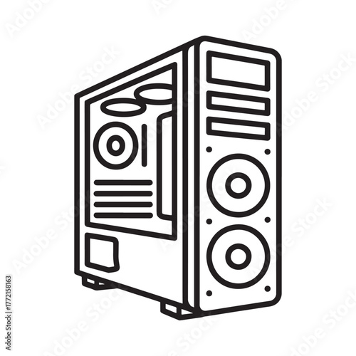 Outline drawing of a modern computer tower with internal components visible