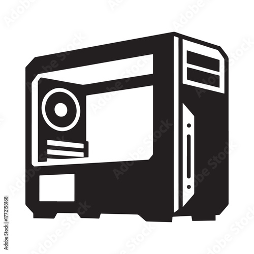 Modern computer tower case with a clear side panel and fan