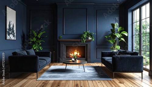 Sophisticated, moody living room with fireplace and modern decor