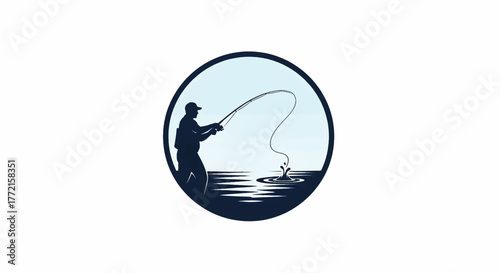 Round logo featuring navy silhouette of fisherman casting, a curved line over water under pale sky!!