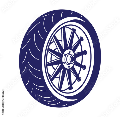 Stylized blue motorcycle wheel tire rim vector illustration on white background