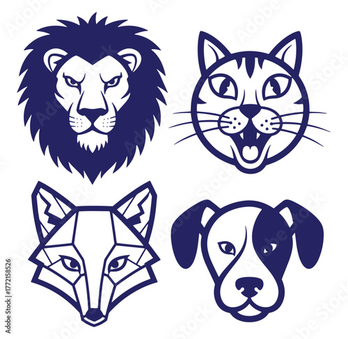 Stylized animal head collection including lion cat fox and dog faces in vector illustration