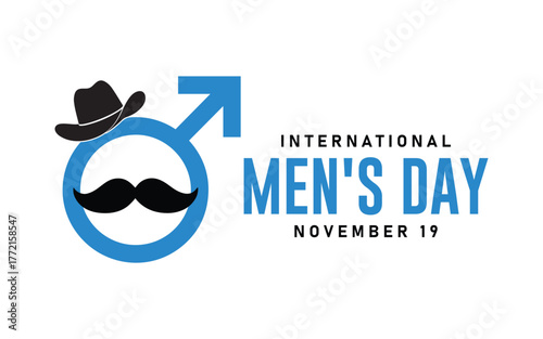 International Men’s Day Poster – Blue Male Symbol with Mustache and Cowboy Hat for November 19 Celebration