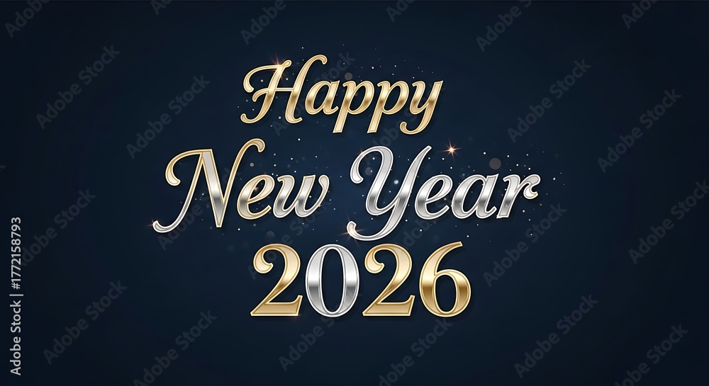 Obraz premium Elegant Happy New Year 2026 Greeting with Gold and Silver Lettering on Dark Blue Background for Festive Celebrations.
