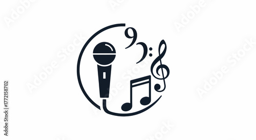 Stylized mic within a partial circle, framed by musical notes and a treble clef. Round emblem glow!