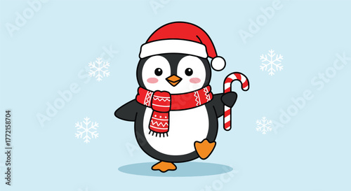Adorable cartoon penguin wearing a Santa hat and scarf holding a candy cane.