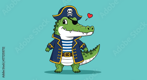 Adorable Cartoon Pirate Alligator Wearing a Hat and Jacket.