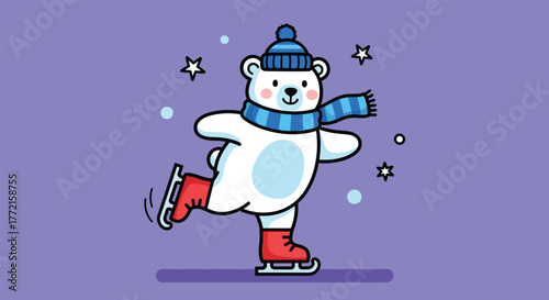 Adorable cartoon polar bear ice skating in winter