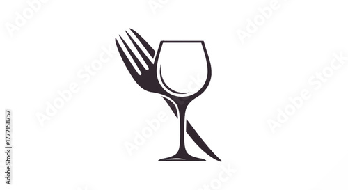 Stylized wine glass silhouette intertwined with a fork, forming a culinary emblem with soft lines.!