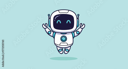 Adorable cartoon robot with a friendly smile and glowing eyes floating in midair.