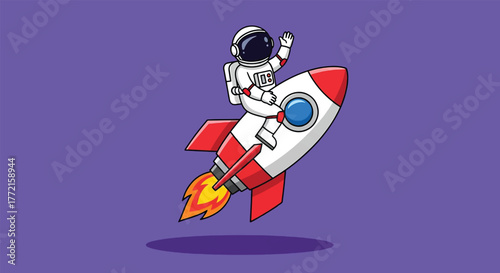 Astronaut riding a rocket ship waving hello in space.