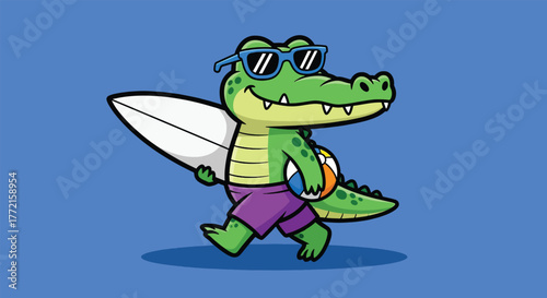 Cartoon alligator wearing sunglasses and shorts carrying a surfboard