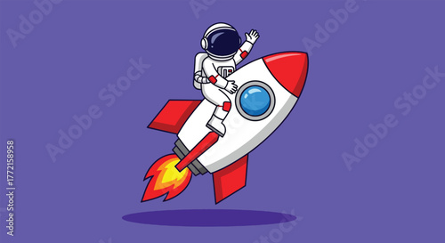 Astronaut riding a rocket ship with flames.