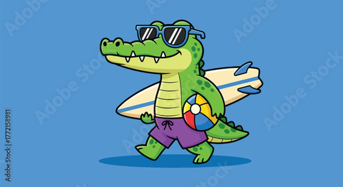 Cartoon alligator wearing sunglasses and shorts carrying a surfboard and beach ball.