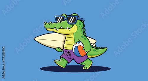Cartoon alligator wearing sunglasses carrying a surfboard and beach ball.