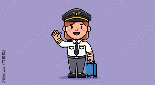 Cheerful cartoon female pilot in uniform waving with suitcase.