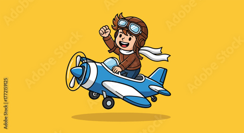 Cheerful cartoon child pilot flying a small blue airplane with a white scarf.