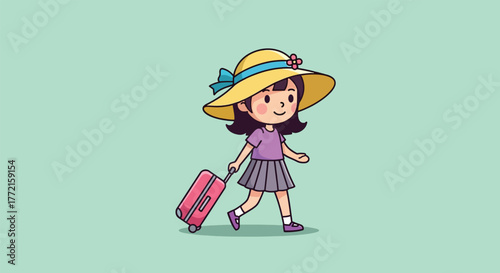 Cheerful cartoon girl with a yellow sun hat and pink suitcase walking.