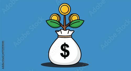 Money Bag with Growing Coins and Leaves Symbolizing Financial Growth