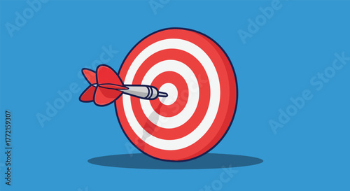 Red and white dartboard with a dart precisely hitting the bullseye.
