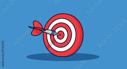 Red and white circular dartboard with a dart embedded in the bullseye.