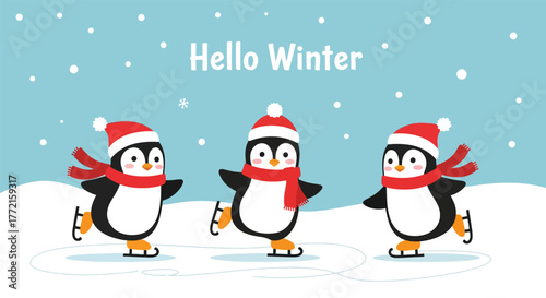 Three Adorable Penguins Ice Skating in a Winter Wonderland.