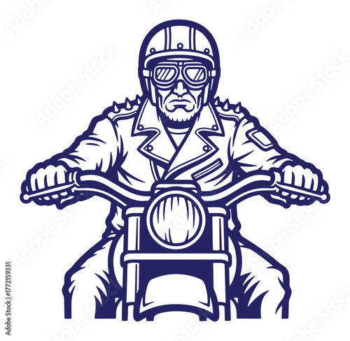 Vintage biker driving motorcycle wearing helmet and goggles ready to ride for an adventure