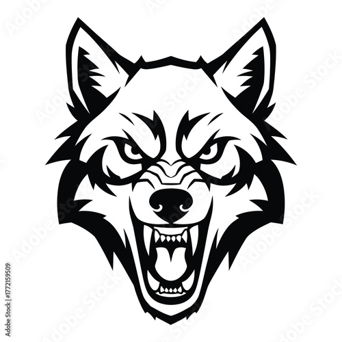 A menacing wolf head in black and white, its sharp teeth bared in a snarl, isolated on a pristine white background, conveying a sense of untamed power