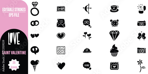 Romantic Glyph's Set of 25 bold black glyph icons dedicated to love and Saint Valentine's Day, perfect for greeting cards, dating apps, and romantic themed designs