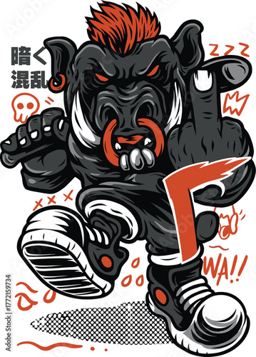 Aggressive Cartoon Boar Character with Mohawk and Piercings Giving Middle Finger wild boar