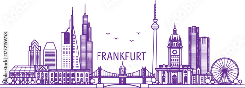 Frankfurt Skyline Sketch with Cultural Touch for Tourism – Hand Drawn Line Art Featuring Römer, Main Tower, and Alte Oper for Travel Posters and Wall Decor