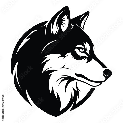 Monochrome illustration of a wolf head isolated on white background, showcasing its sharp features and intense gaze in a minimalist design