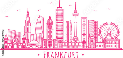 Frankfurt Skyline Sketch with Cultural Touch for Tourism – Hand Drawn Line Art Featuring Römer, Main Tower, and Alte Oper for Travel Posters and Wall Decor