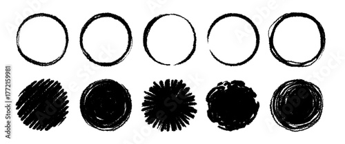 Hand drawn brush round vector set. Crayon pencil brush stroke black round shape. Scribble sketch hand drawn crayon, ink splash, rough dot texture circle elements. Vector illustration