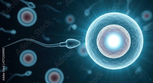 Sperm approaching ovum fertilization biological process microscopic view illustration