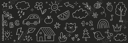 Kids outline hand drawn cute school on chalkboard. Crayon pencil stroke school doodle flower, sun, rainbow children elements. Kid style cute baby star, tree, heart shapes. Vector illustration