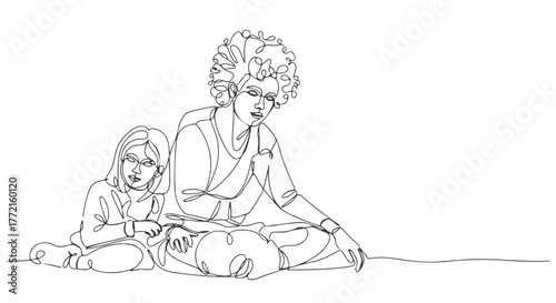 A poignant continuous one line art drawing capturing the bond between two people sharing a moment of quiet connection